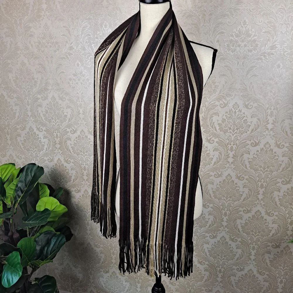 Knit Scarf Chocolate Brown/Cream/Black/Metallic Gold Stripes Fringed EUC